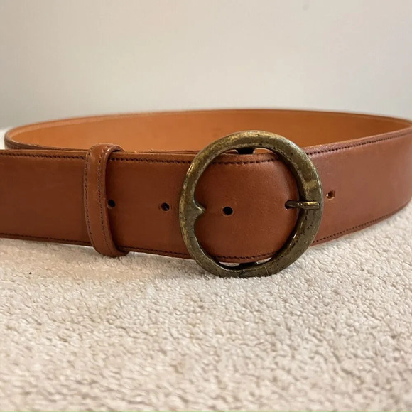 Zele' Brown Leather Belt 30 Med Cowhide Brass Circle Buckle 2" Wide Boho Classic - Picture 5 of 11